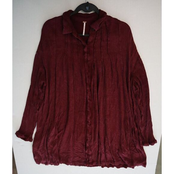 Free People Women's Sz XS Maroon Spin Me Oversized Button Down Shirt Dress - Picture 4 of 7